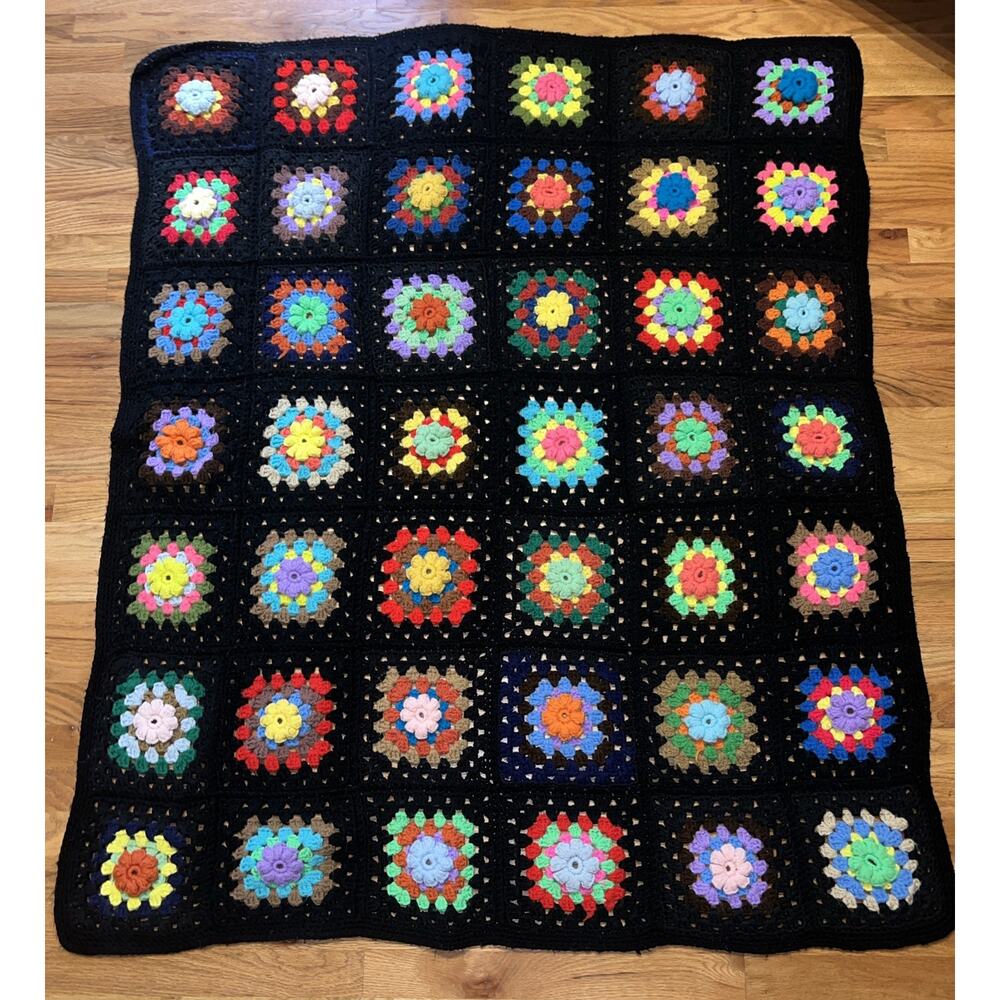 Vintage Crochet 3D Flower Granny Square Afghan Blanket 44”x62” Black Multicolor